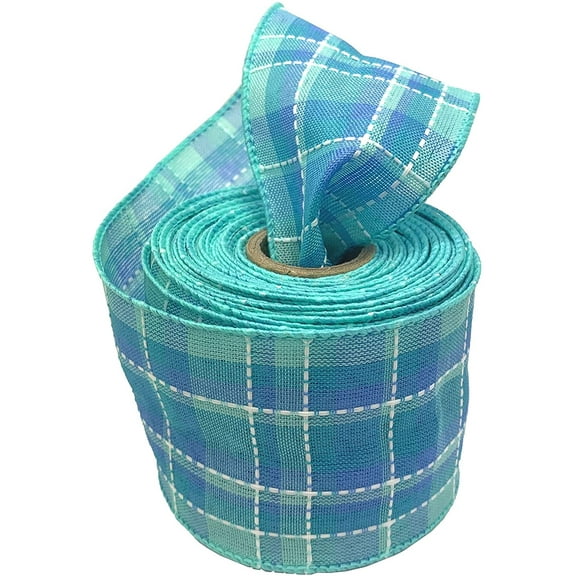 Blue Spring Plaid Wired Ribbon - 2 1/2 Inch x 10 Yards, Easter, Spring, Christmas