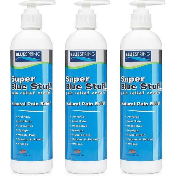 Blue Spring Super Blue Stuff: Natural Pain Relief Cream with Emu Oil - Anti Inflammatory Analgesic Cream for Muscle, Joint, Knee, Back, Neck and Arthritis Pain Relief - 12 fl oz Bottle, 3 Pack