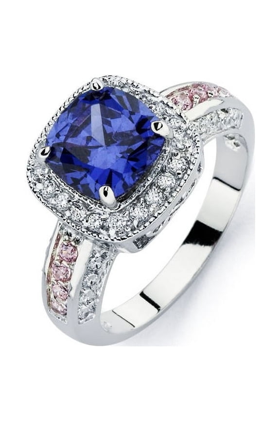 Blue Square Center Clear Cluster Cubic Zirconia Bridal Ring Rhodium Plated Sterling Silver Size 5