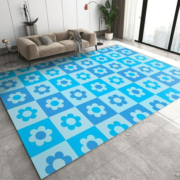 Blue Square Lattice Print Children Rug ,Geometry Cartoon Blue Flowers Decorative Rug ,Easy To Clean Rug ,Apply To Living Room Bedroom Kindergarten Bathroom Entry 1x2ft