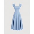 thumbnail image 1 of Blue Square Neck Shell Sleeve Pleated A-Line Midi Dress For Formal Occasions, 1 of 4