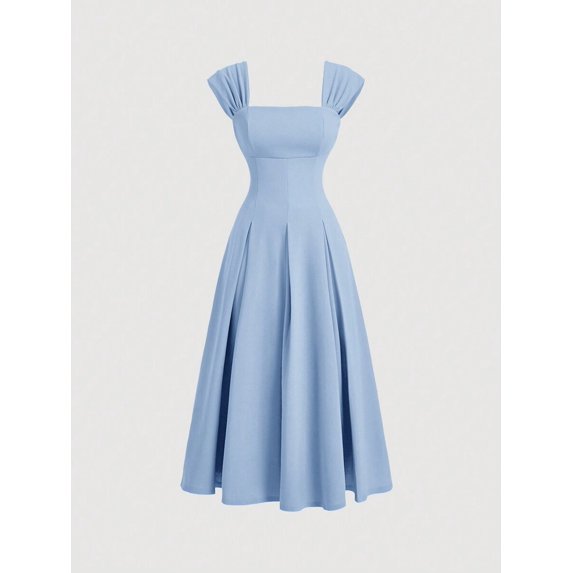 Blue Square Neck Shell Sleeve Pleated A-Line Midi Dress For Formal Occasions