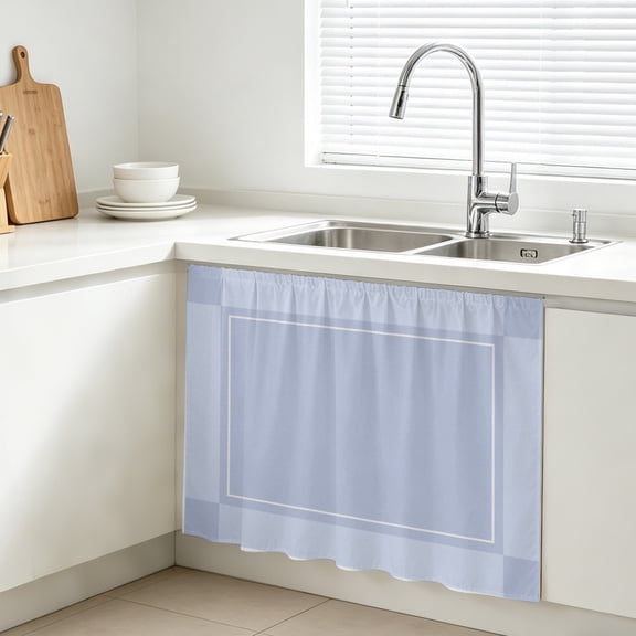 Blue Square Plaid Cabinet Curtains 10 x 11 Inch Pastel Blue Blocks Checkered Border Gingham Under Sink Curtain for Closet Waterproof Self Adhesive Desk Skirt Privacy Drape for Kitchen Bathroom