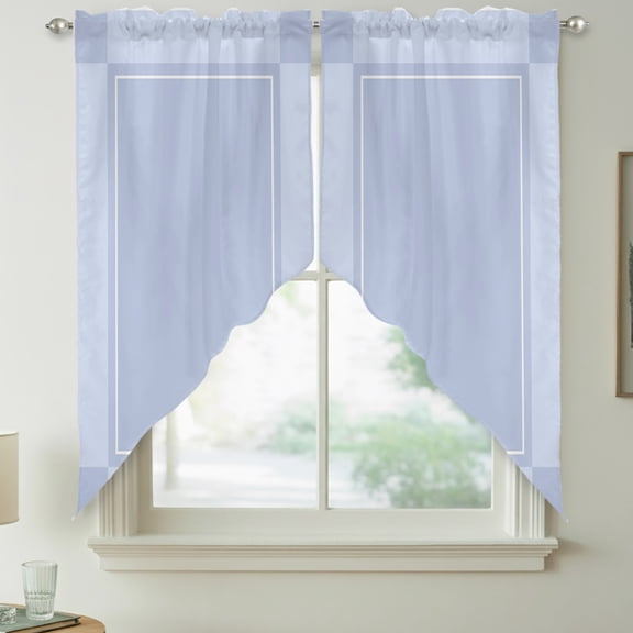 Blue Square Plaid Swag Curtain Valances for Kitchen, Pastel Blue Blocks Checkered Border Gingham Rod Pocket Curtains Window Treatment Swag Valance for Bedroom Bathroom, 2 Panels 36 x 63 Inch