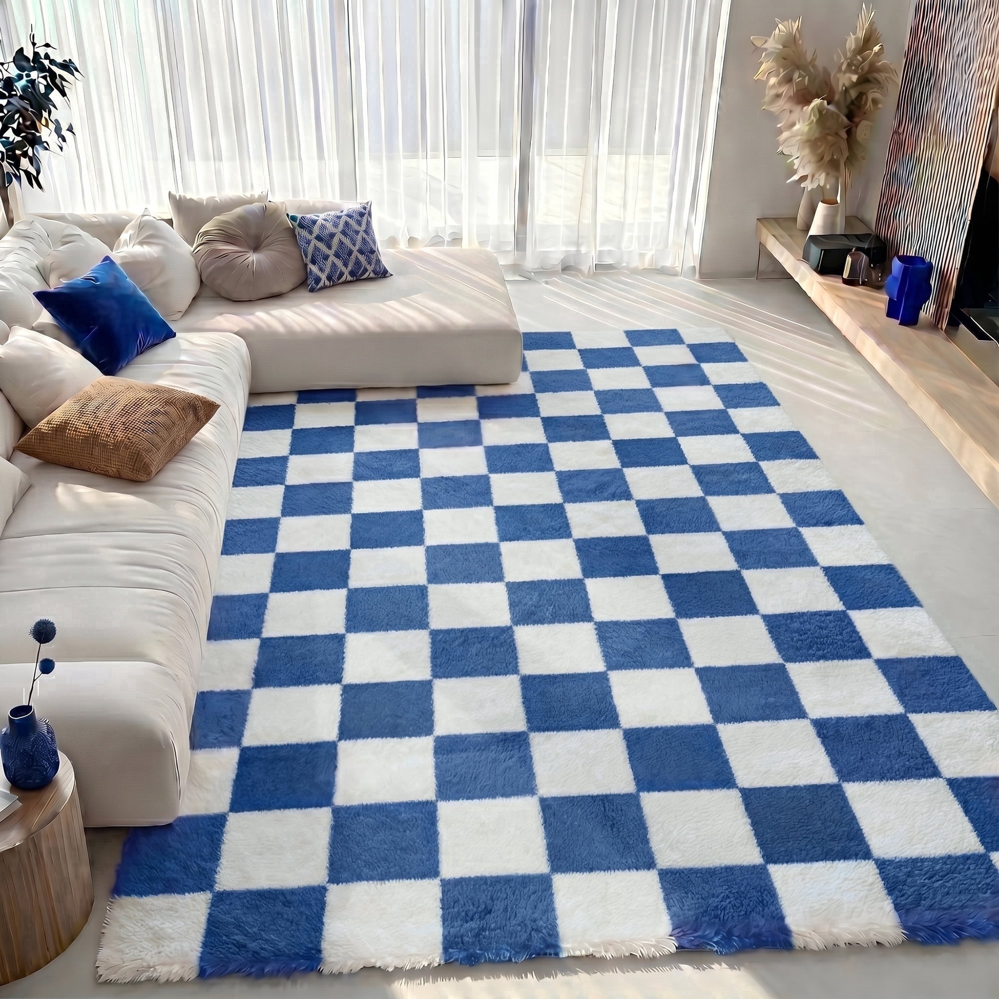 Pentantan 5ft x 8ft Shag Area Rugs for Living Room, Classic Checkered Fluffy Bedroom Carpet, Blue & White