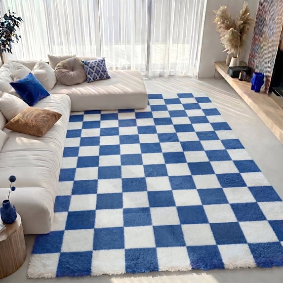 Pentantan 8ft x 10ft Shag Area Rugs for Living Room, Classic Checkered Fluffy Bedroom Carpet, Blue & White