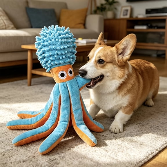 Blue Squeaky Octopus Dog Toy, Soft Plush Puppy Chew Toys with Crinkle Sound, Durable Interactive Pet Plaything for Small Medium Dogs, Anxiety Relief & Teething Gift