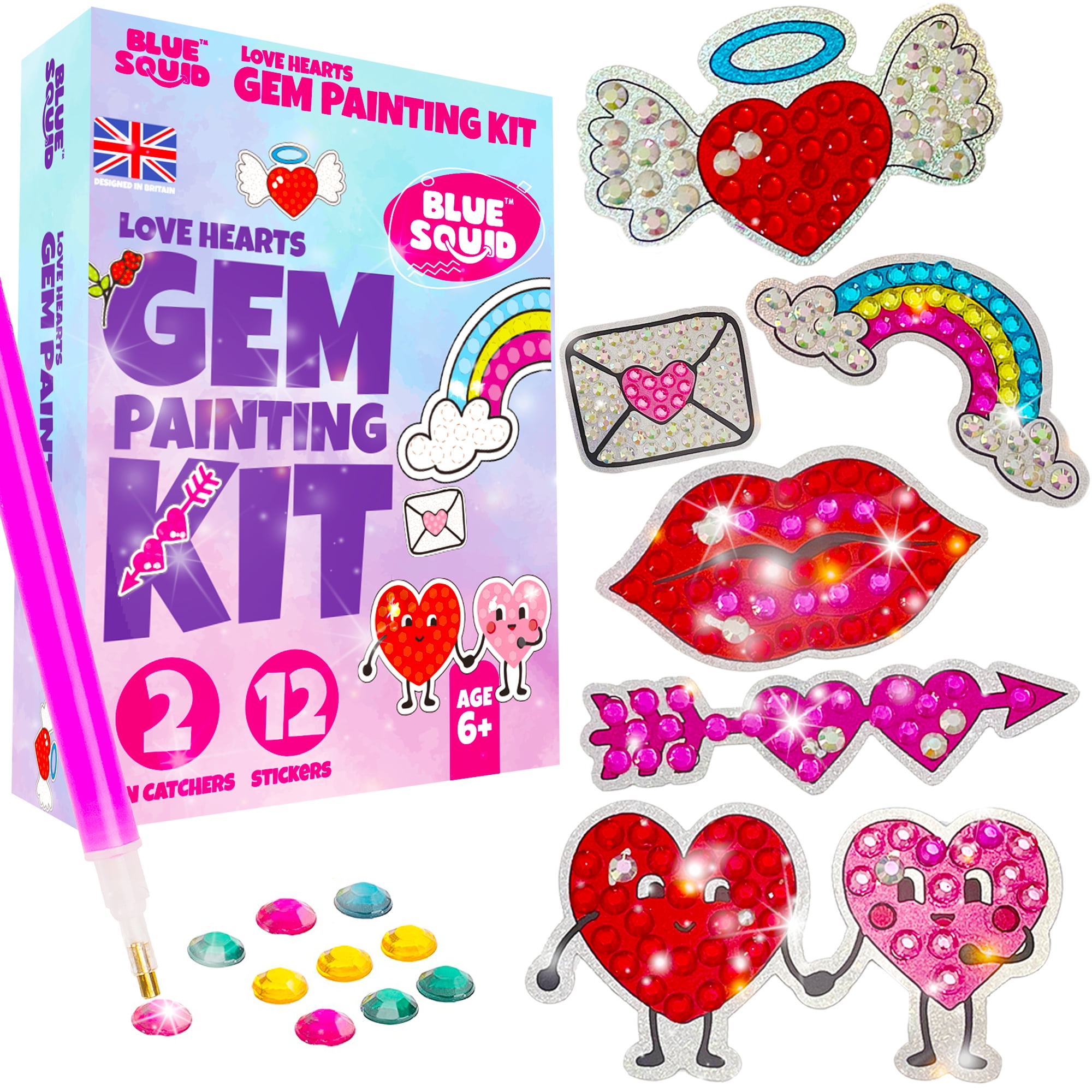 Blue Squid Gem Art Painting Kit Arts and Crafts Gems Diamond Art Love Heart  Kids with Stickers, Keychains 1500+ Pieces Gift Set 