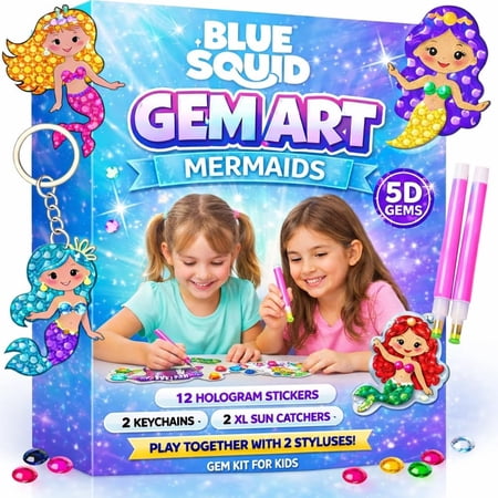 Blue Squid Diamond Art Kits for Kids – Mermaid - Fun & Easy DIY 5D Gem Art Gift Set for Keychains, Stickers, Sun Catchers - Diamond Painting Kit Arts & Crafts Kit for Kids, Girls, Boys Ages 6-12