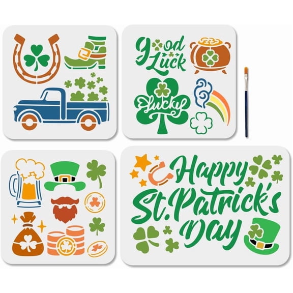 Blue St. Patrick's Day Stencils Set of 4 - Shamrock Horseshoe Top Hat Templates (11.7x8.3 7.9x7.9 Inch) with Brush for Window Wood Wall Decor