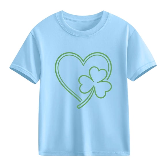 Blue St Patrick's Day T-Shirt for Girls Kids Shamrock Heart Short Sleeve Cotton Tee Soft Casual Holiday Lucky Kids Top,Size 4 T
