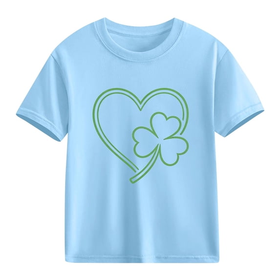 Blue St Patrick's Day T-Shirt for Girls Kids Shamrock Heart Short Sleeve Cotton Tee Soft Casual Holiday Good Fortune Kids Top,Size 4 T