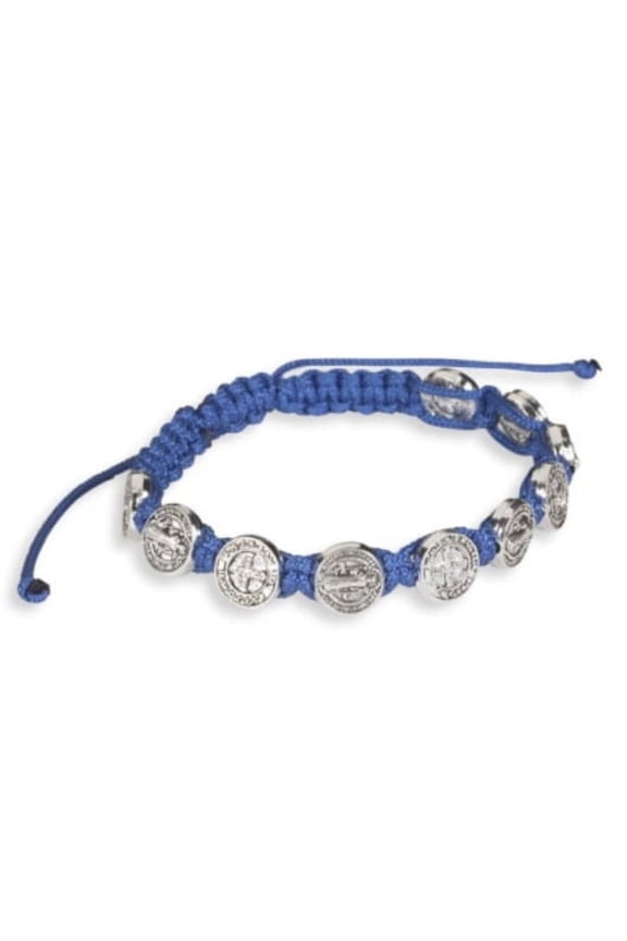 Blue St Saint Benedict Medal Silver Tone 8" Adjustable Cord Bracelet