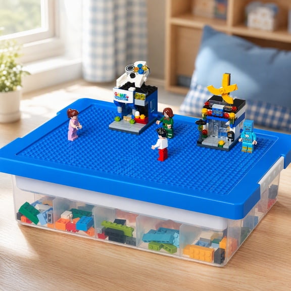 Blue Stackable Plastic Toy Storage Box with Building Plate Lid & Removable Tray, Organizer for Building Blocks