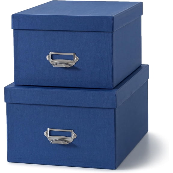 Blue Stacking Storage Boxes with Label Holders, Set of 2