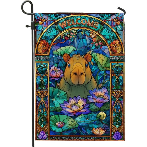 Blue Stained Glass Capybara Garden Flag, Floral Spring Double-Sided Burlap Outdoor Banner for Home and Lawn Decoration, 12 x 18 Inch
