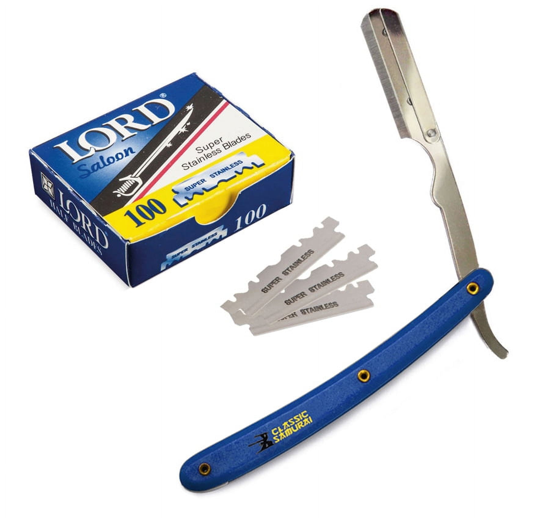 Blue Stainless Steel Professional Barber Straight Edge Razor with 100 Lord Single Edge Razor Blades