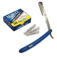 thumbnail image 1 of Blue Stainless Steel Professional Barber Straight Edge Razor with 100 Lord Single Edge Razor Blades, 1 of 5