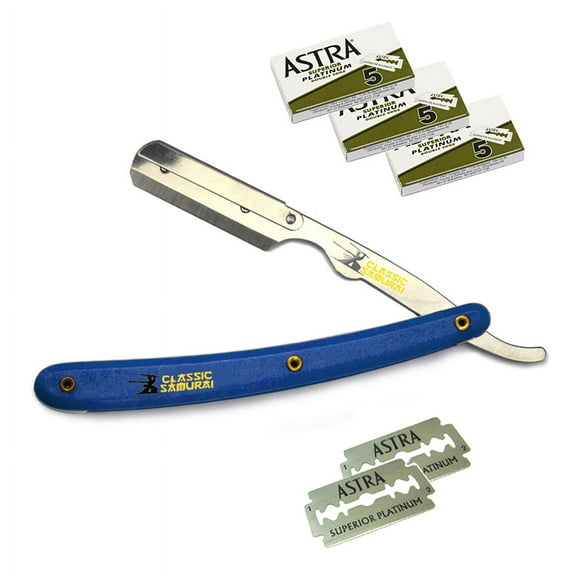 Blue Stainless Steel Professional Barber Straight Edge Razor with 15 Astra Double Edge Razor Blades