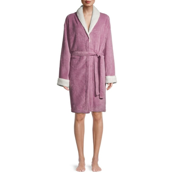 Blue Star Clothing Women's 3/4 Length Plush Robe with Sherpa Trim Collar & Cuffs
