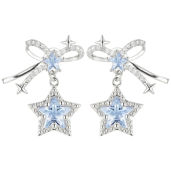 Blue Star Earrings with Bow, Dangle Design, Crystal Zirconia, Silver Needle, Alloy Material, Perfect Gift with Storage Box for Women, 1 in / 2.5 cm Long