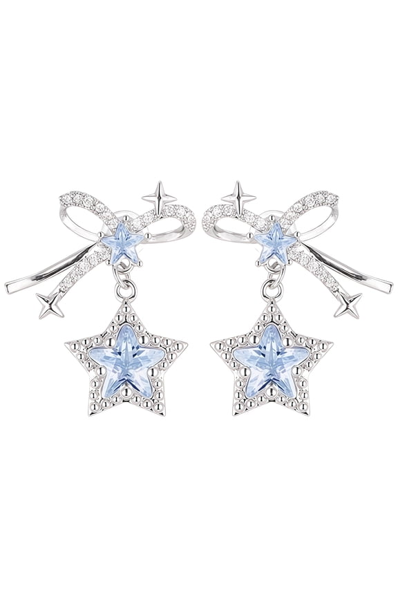 Blue Star Earrings with Bow, Dangle Design, Crystal Zirconia, Silver Needle, Alloy Material, Perfect Gift with Storage Box for Women, 1 in / 2.5 cm Long