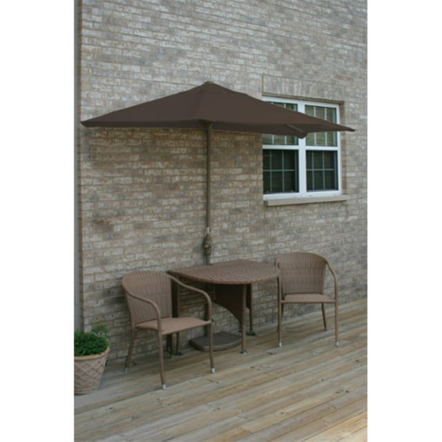 Blue Star Group Terrace Mates Adena All-Weather Wicker Coffee Color Table Set w/ 7.5'-Wide OFF-THE-WALL BRELLA - Chocolate Olefin Canopy