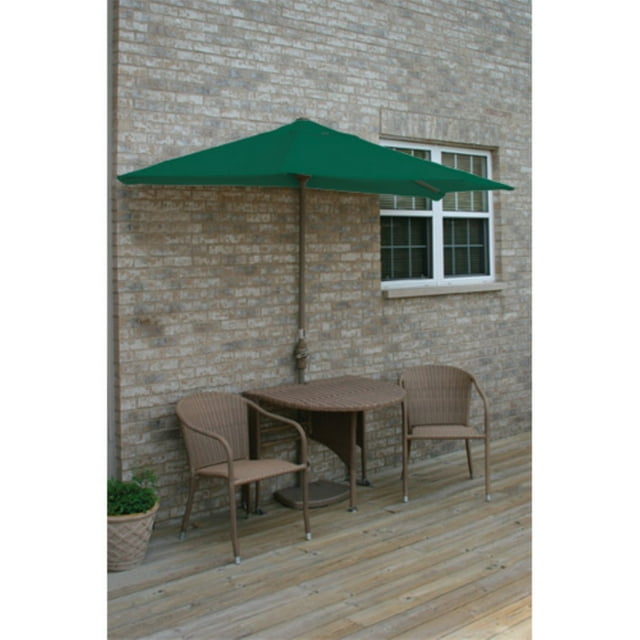 Blue Star Group Terrace Mates Adena All-Weather Wicker Coffee Color Table Set w/ 9'-Wide OFF-THE-WALL BRELLA - Green Olefin Canopy