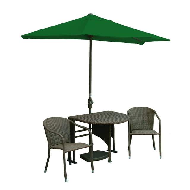 Blue Star Group Terrace Mates Adena All-Weather Wicker Coffee Color Table Set w/ 9'-Wide OFF-THE-WALL BRELLA - Green SolarVista Canopy