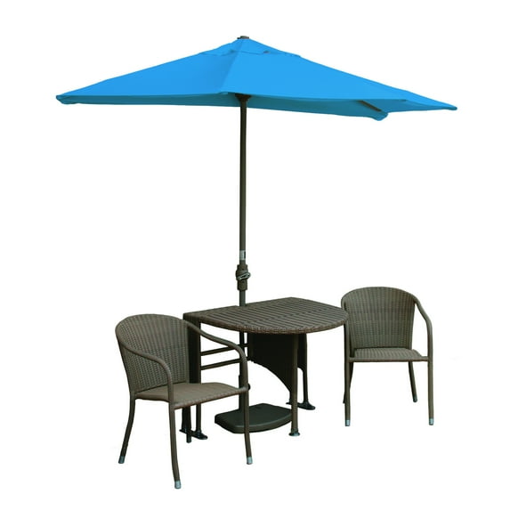 Blue Star Group Terrace Mates Adena All-Weather Wicker Coffee Color Table Set w/ 9'-Wide OFF-THE-WALL BRELLA - Pacific Blue Sunbrella Canopy