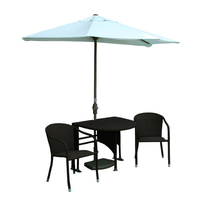 Blue Star Group Terrace Mates Adena All-Weather Wicker Java Color Table Set w/ 7.5'-Wide OFF-THE-WALL BRELLA - Natural Olefin Canopy