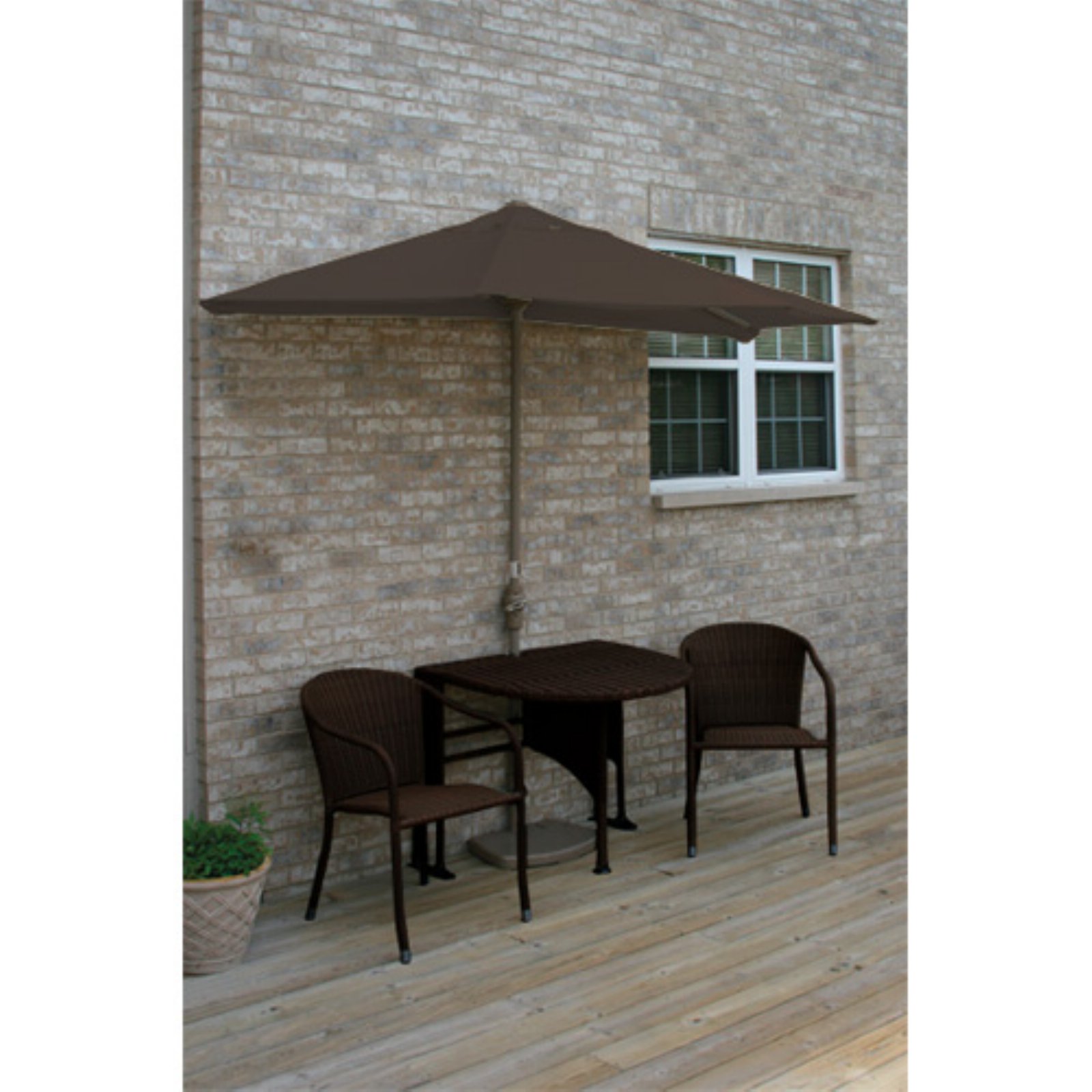 Blue Star Group Terrace Mates Adena All-Weather Wicker Java Color Table Set w/ 9'-Wide OFF-THE-WALL BRELLA - Chocolate Sunbrella Canopy - image 1 of 9