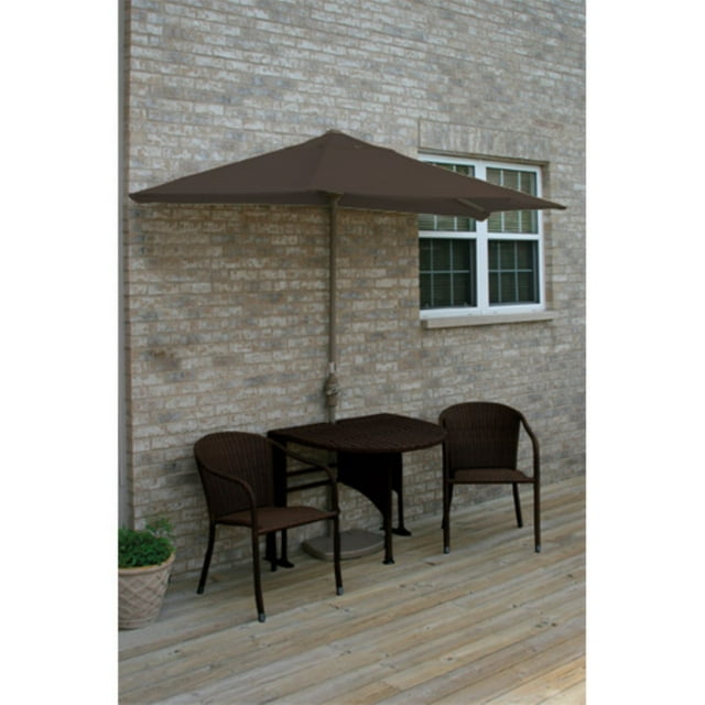 Blue Star Group Terrace Mates Adena All-Weather Wicker Java Color Table Set w/ 9'-Wide OFF-THE-WALL BRELLA - Chocolate Sunbrella Canopy
