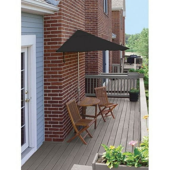 Blue Star Group Terrace Mates Caleo Deluxe Table Set w/ 7.5'-Wide OFF-THE-WALL BRELLA - Black Sunbrella Canopy