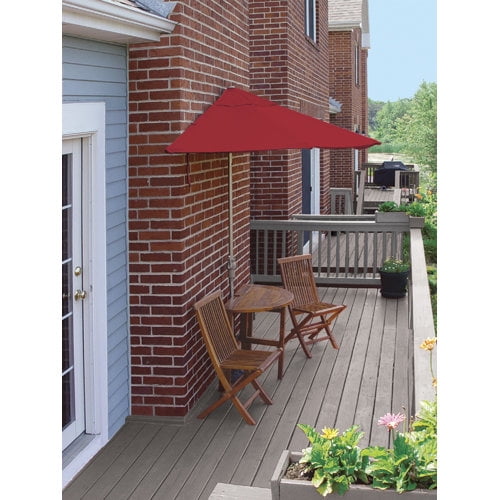 Blue Star Group Terrace Mates Caleo Premium Table Set w/ 9'-Wide OFF-THE-WALL BRELLA - Jockey Red Sunbrella Canopy