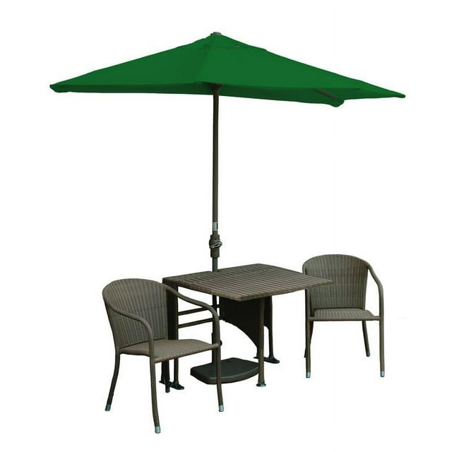 Blue Star Group Terrace Mates Daniella All-Weather Wicker Coffee Color Table Set w/ 9'-Wide OFF-THE-WALL BRELLA - Green Olefin Canopy