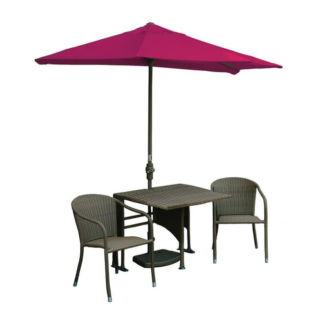 Blue Star Group Terrace Mates Daniella All-Weather Wicker Coffee Color Table Set w/ 9'-Wide OFF-THE-WALL BRELLA - Jockey Red Sunbrella Canopy