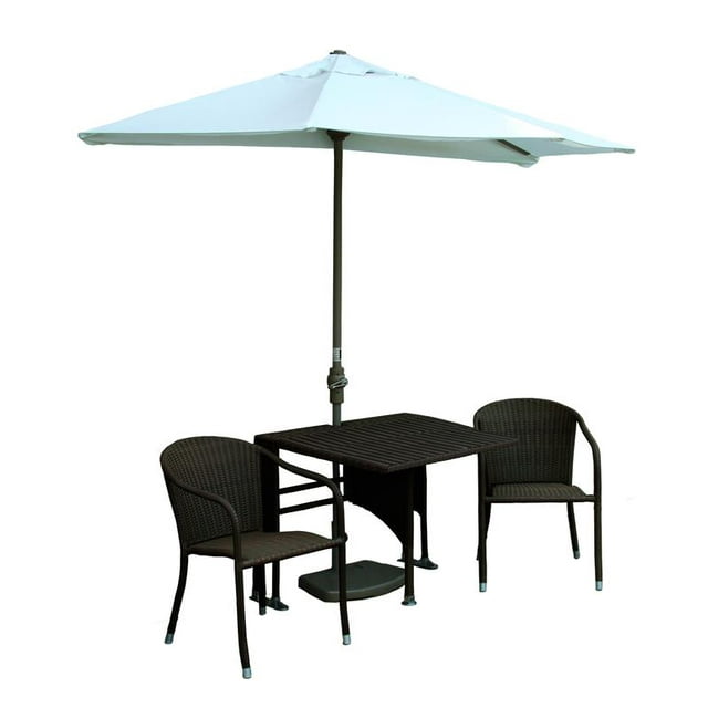 Blue Star Group Terrace Mates Daniella All-Weather Wicker Java Color Table Set w/ 7.5'-Wide OFF-THE-WALL BRELLA - Natural Olefin Canopy