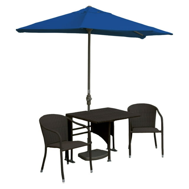 Blue Star Group Terrace Mates Daniella All-Weather Wicker Java Color Table Set w/ 9'-Wide OFF-THE-WALL BRELLA - Blue Olefin Canopy