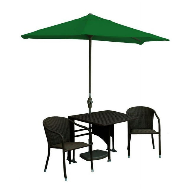 Blue Star Group Terrace Mates Daniella All-Weather Wicker Java Color Table Set w/ 9'-Wide OFF-THE-WALL BRELLA - Green Olefin Canopy