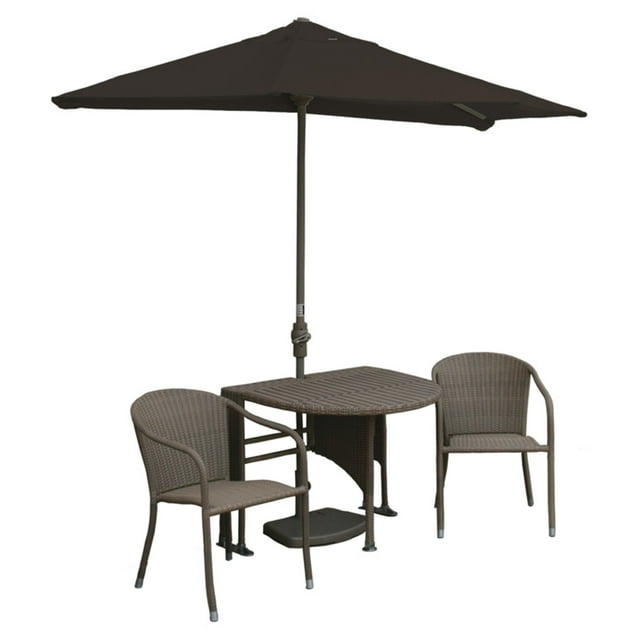 Blue Star Group Terrace Mates Genevieve All-Weather Wicker Coffee Color Table Set w/ 9'-Wide OFF-THE-WALL BRELLA - Chocolate Olefin Canopy