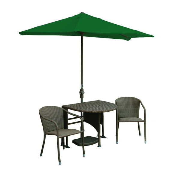 Blue Star Group Terrace Mates Genevieve All-Weather Wicker Coffee Color Table Set w/ 9'-Wide OFF-THE-WALL BRELLA - Forest Green Sunbrella Canopy