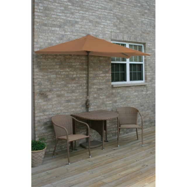 Blue Star Group Terrace Mates Genevieve All-Weather Wicker Coffee Color Table Set w/ 9'-Wide OFF-THE-WALL BRELLA - Teak Sunbrella Canopy