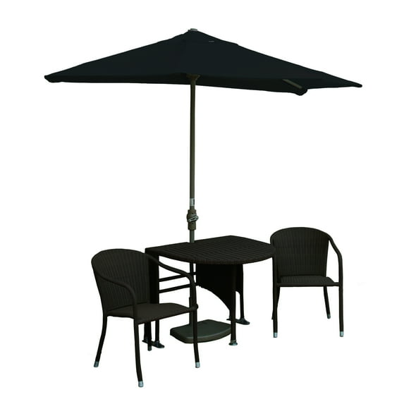 Blue Star Group Terrace Mates Genevieve All-Weather Wicker Java Color Table Set w/ 9'-Wide OFF-THE-WALL BRELLA - Black Sunbrella Canopy