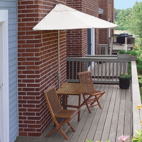 Blue Star Group Terrace Mates Villa Premium Table Set w/ 9'-Wide OFF-THE-WALL BRELLA - Natural Sunbrella Canopy