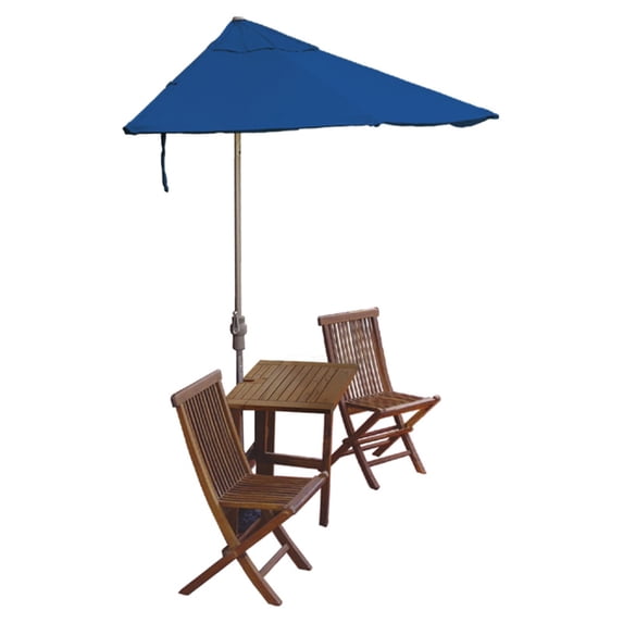 Blue Star Group Terrace Mates Villa Standard Table Set w/ 9'-Wide OFF-THE-WALL BRELLA - Blue Olefin Canopy