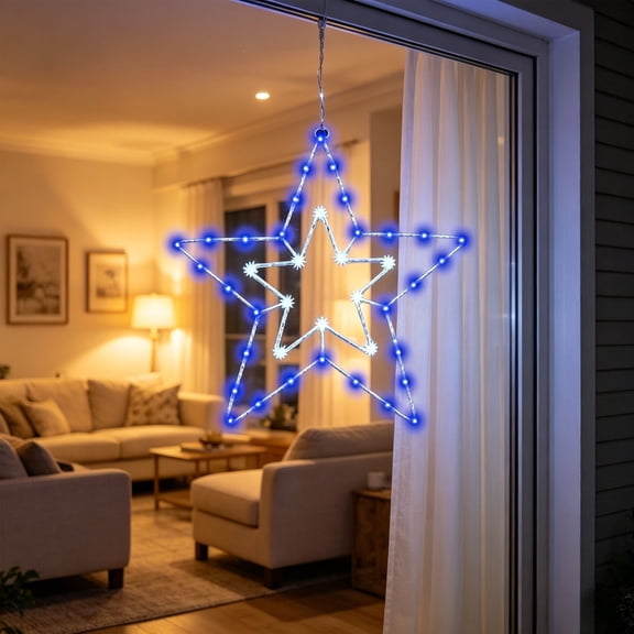 Blue Star Light, 12 Inch LED Star Window Light, Battery Operated Hanging Star Decoration for 4th of July Independence Day, Christmas, Home, Holiday, Party Decor