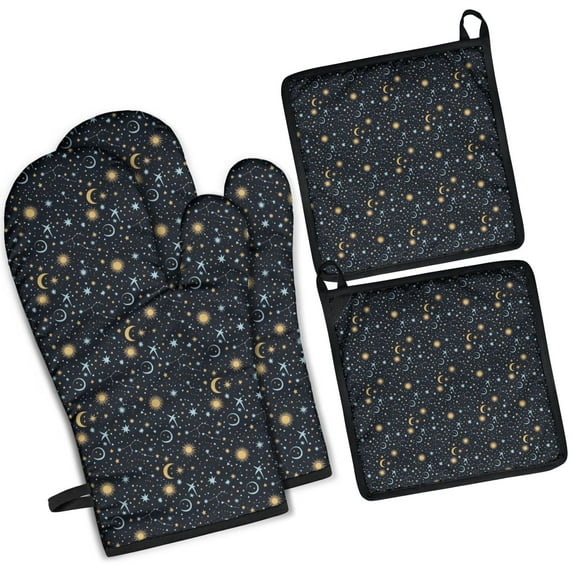 Blue Star Moon Sun Planet Pattern Kitchen Oven Mitt and Pot Holder Sets 4 Pcs for Baking, Cooking and Grilling, Heat Resistant Up To 392 °F