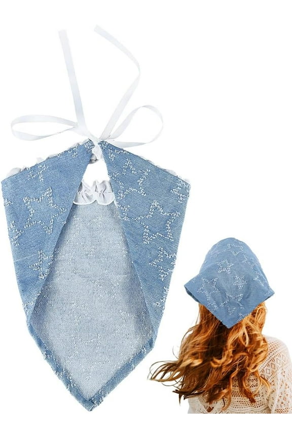 Blue Star Pattern Head Scarf Kerchief Small Triangle Headband Hair Covering Wrap with Ruffled Pleated Edge Lace Up Design Bandana for Women Holiday Costume Accessories Styling Decoration 1pc