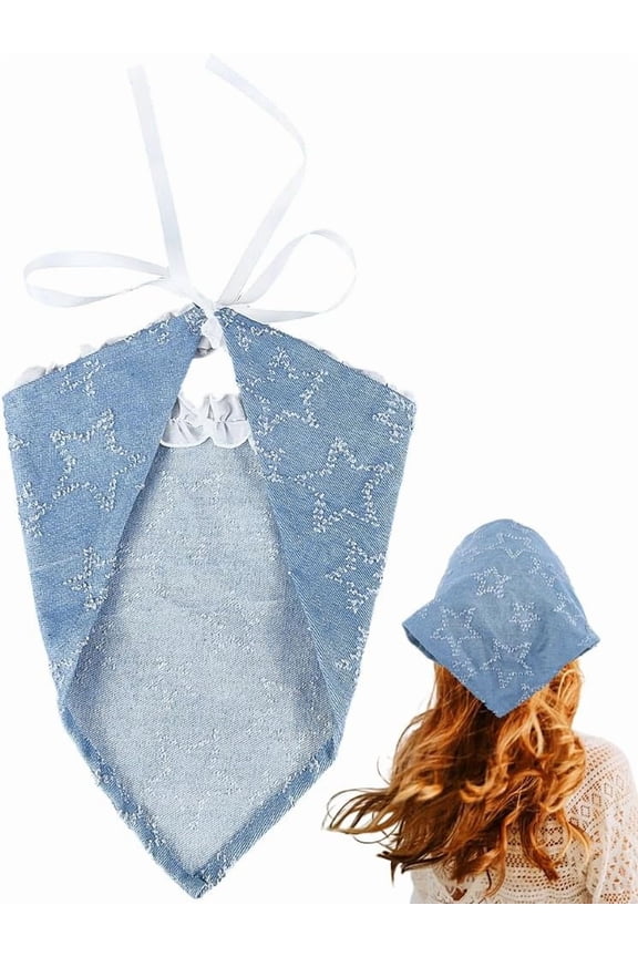 Blue Star Pattern Head Scarf Kerchief Small Triangle Headband Hair Covering Wrap with Ruffled Pleated Edge Lace Up Design Bandana for DIY